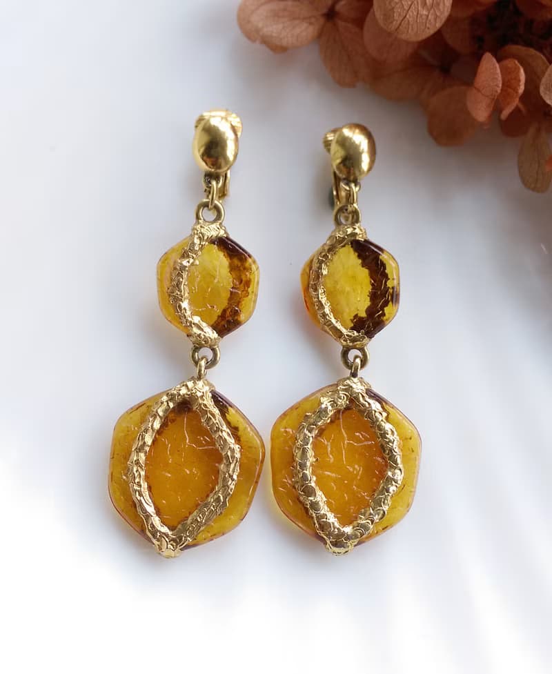 Vintage Jewelry 西洋古董飾品 琥珀色調 雙面 垂墜 夾式耳環