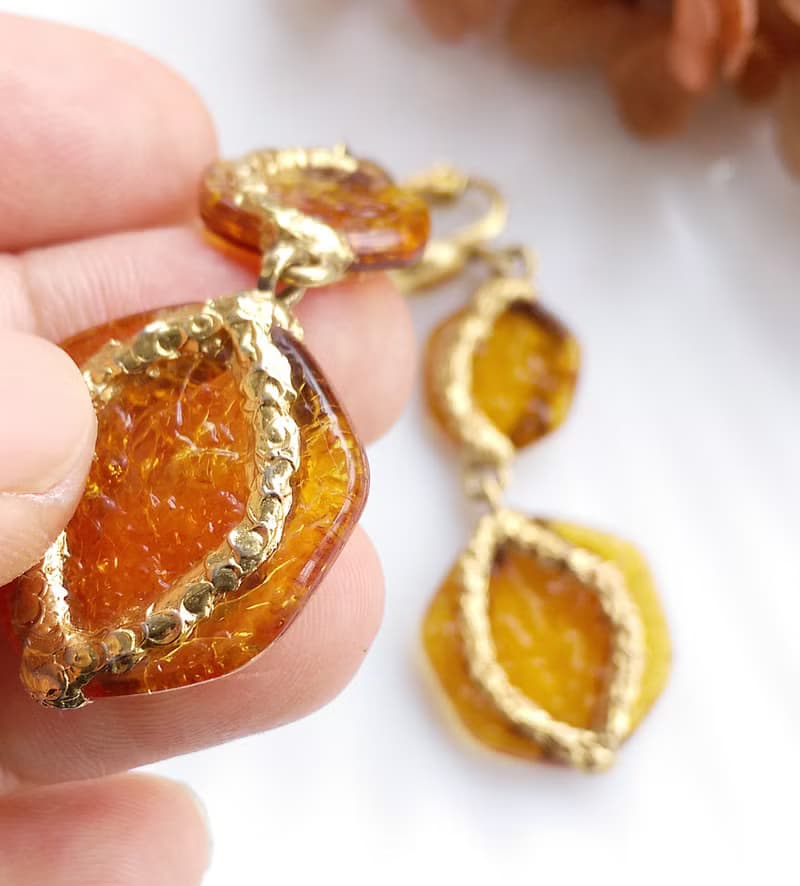 Vintage Jewelry 西洋古董飾品 琥珀色調 雙面 垂墜 夾式耳環
