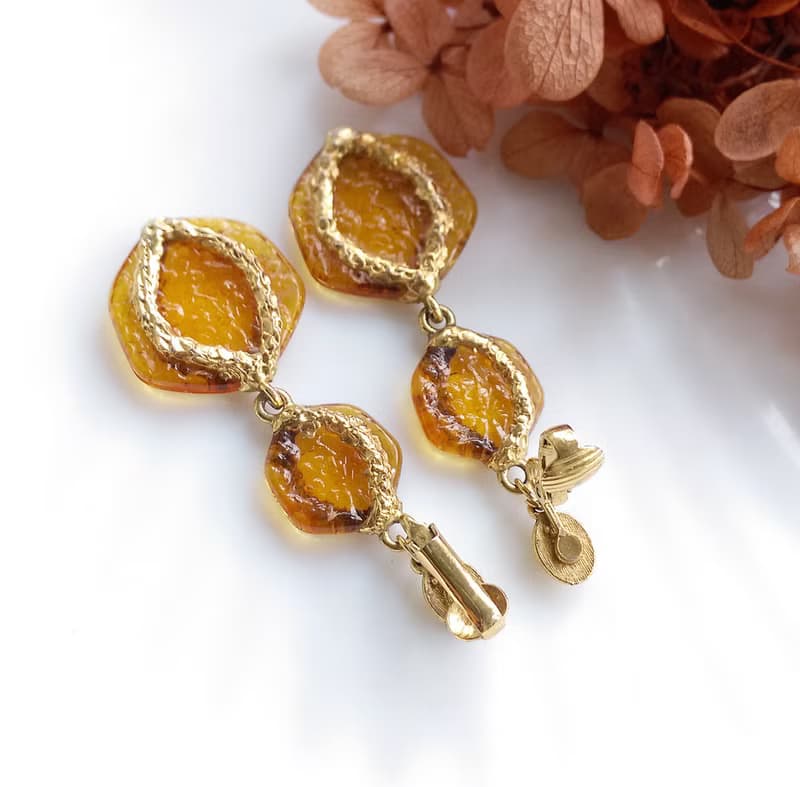 Vintage Jewelry 西洋古董飾品 琥珀色調 雙面 垂墜 夾式耳環