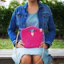 Handmade crochet bag pink (t-shirt yarn) with natural color leather strap