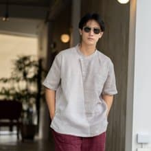 Blue & J Natural Linen Mandarin Collar Shirt Color Block - Beige/Silver