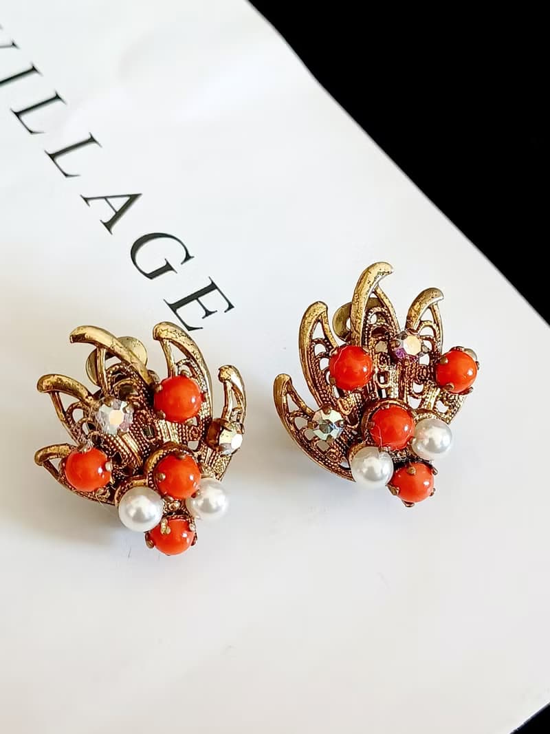vintage jewelry 古董西德銅葉鑲珍珠 夾式耳環