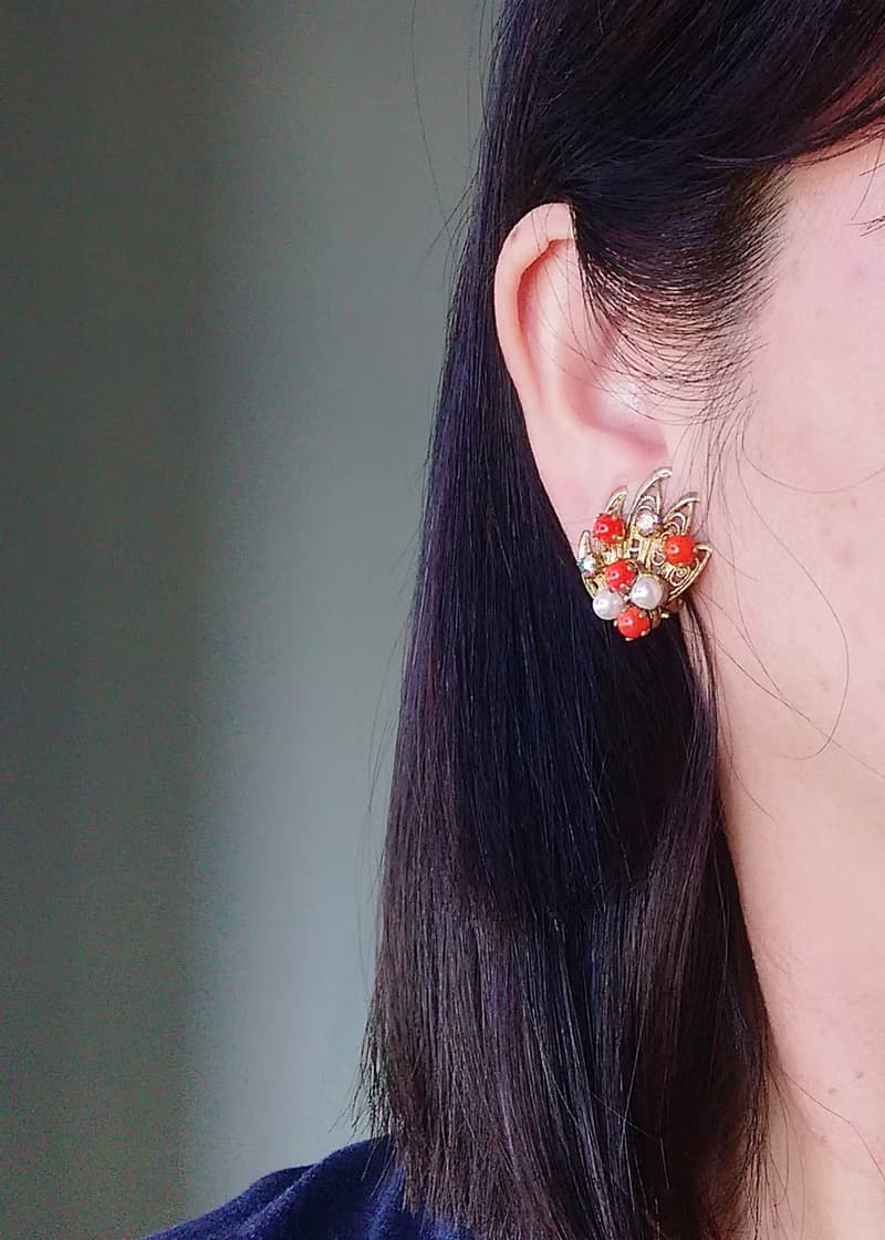 vintage jewelry 古董西德銅葉鑲珍珠 夾式耳環