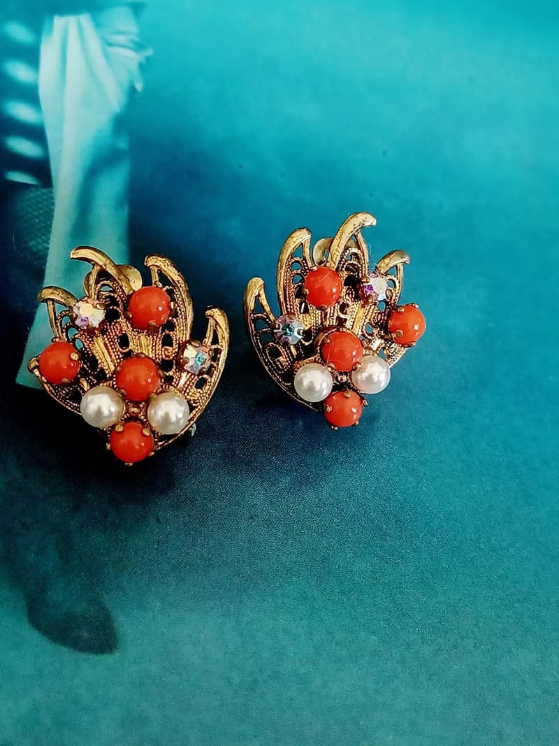 vintage jewelry 古董西德銅葉鑲珍珠 夾式耳環