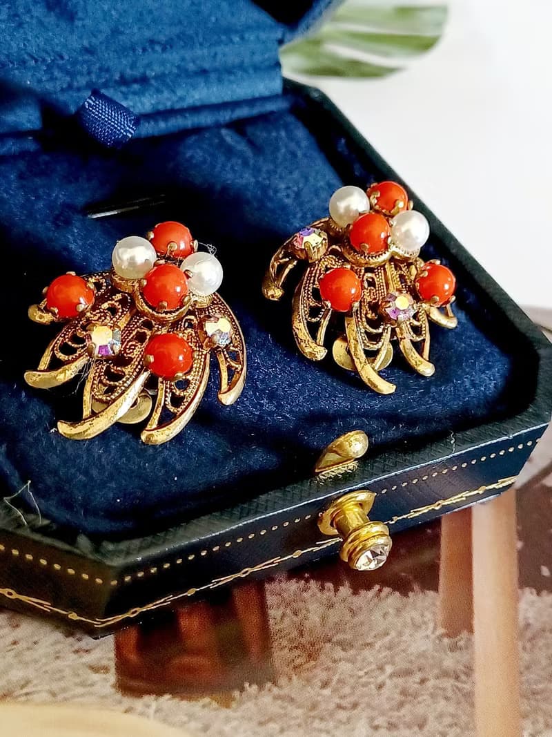 vintage jewelry 古董西德銅葉鑲珍珠 夾式耳環