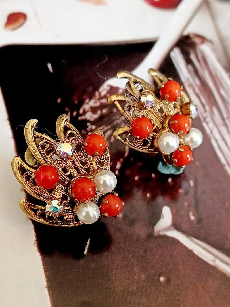 vintage jewelry 古董西德銅葉鑲珍珠 夾式耳環