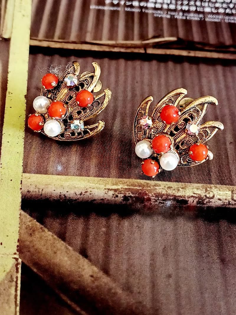 vintage jewelry 古董西德銅葉鑲珍珠 夾式耳環