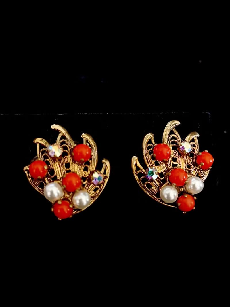 vintage jewelry 古董西德銅葉鑲珍珠 夾式耳環