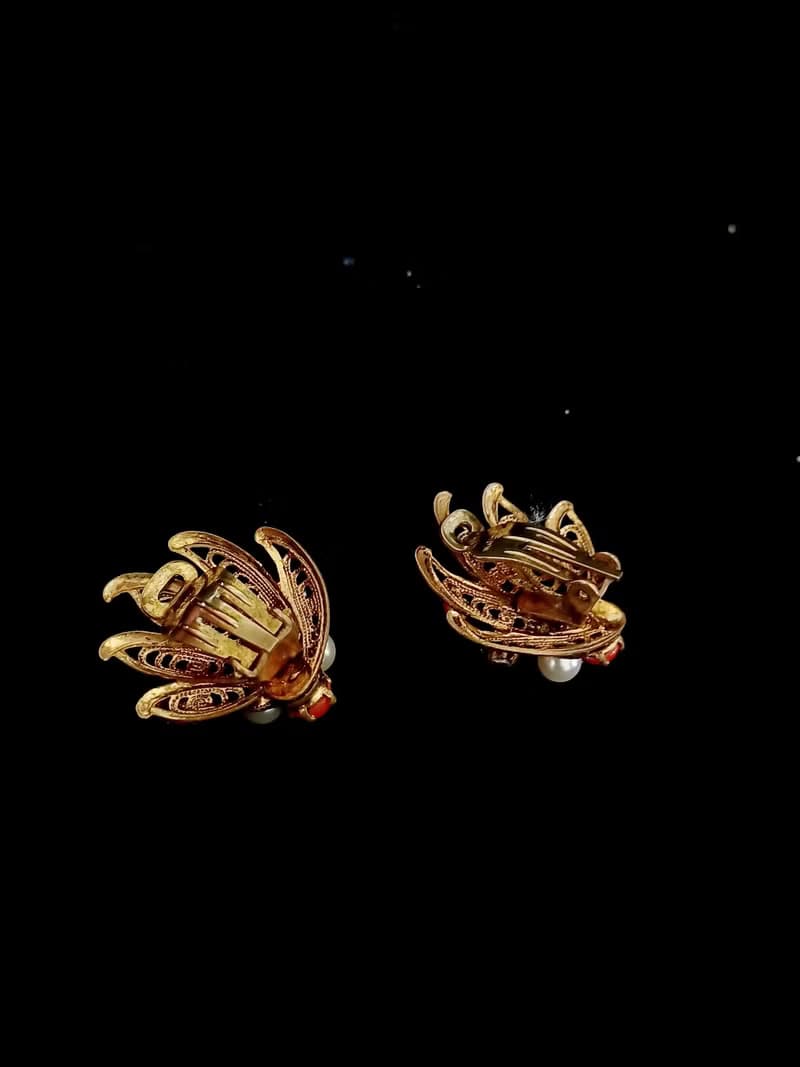 vintage jewelry 古董西德銅葉鑲珍珠 夾式耳環