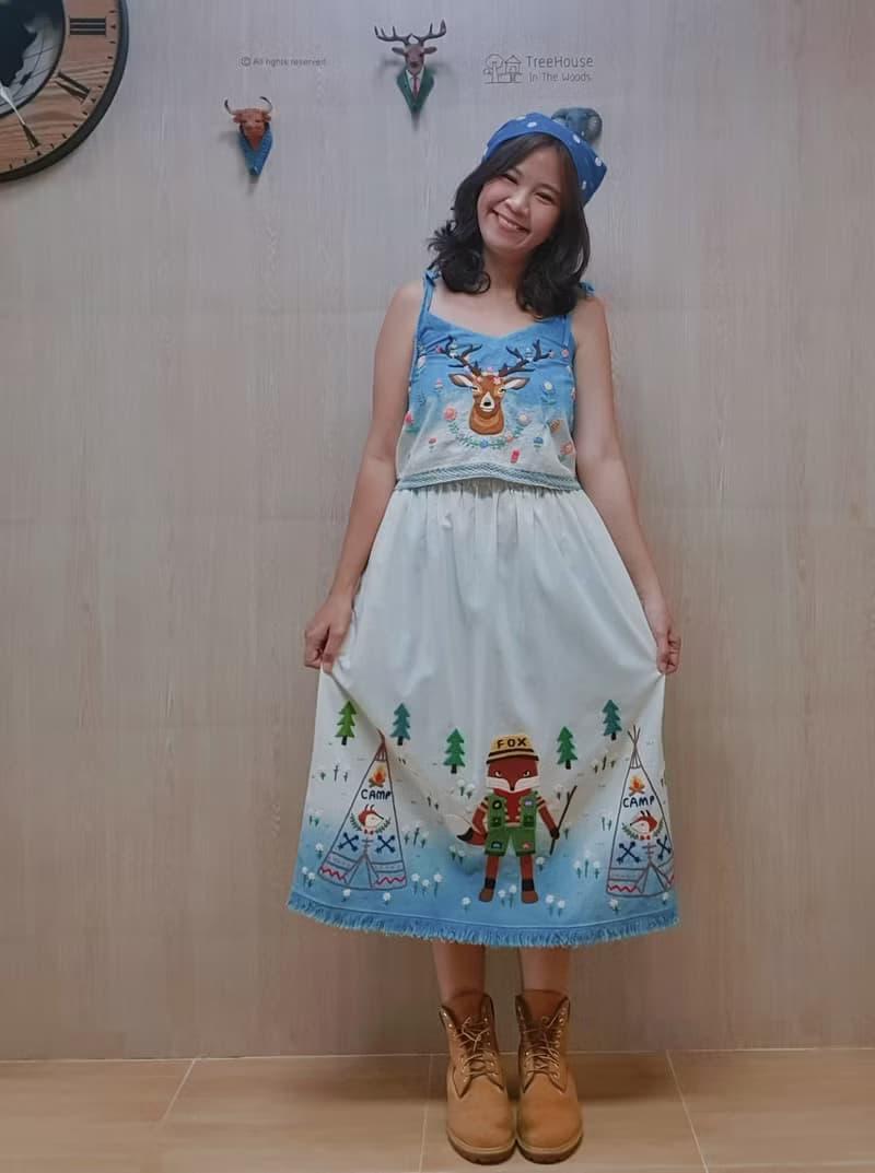 手繡裙 棉布 花卉 兔子 蘑菇 雲朵 彩虹