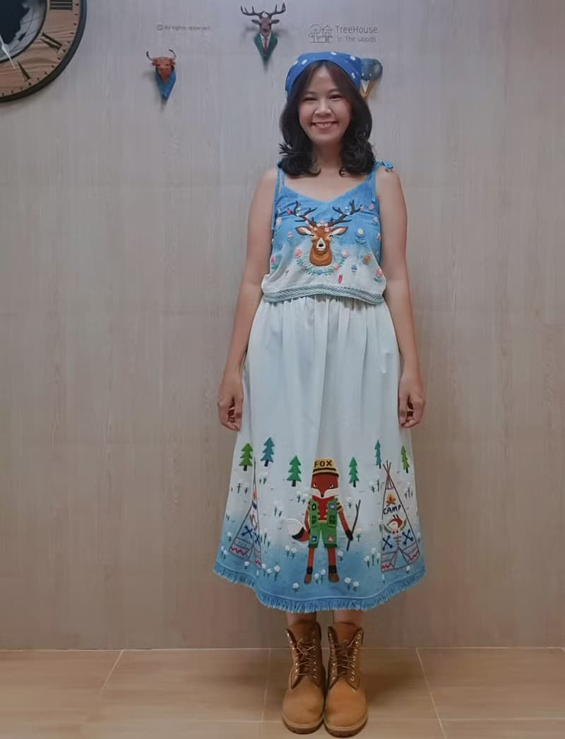 手繡裙 棉布 花卉 兔子 蘑菇 雲朵 彩虹