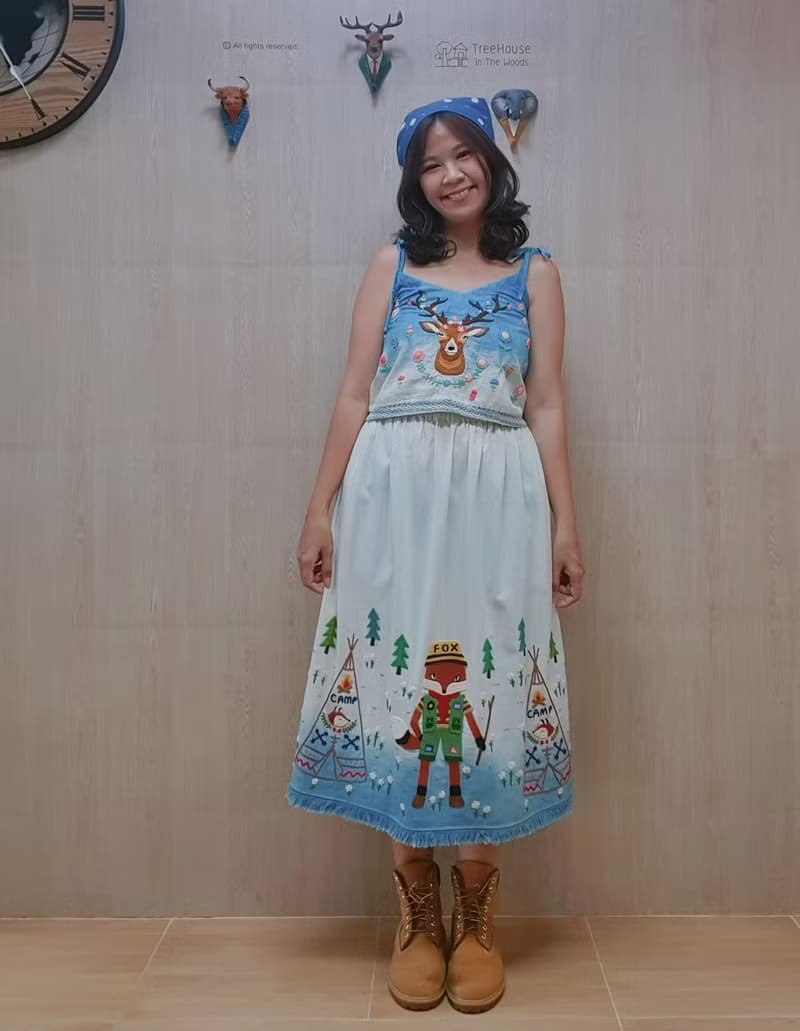 手繡裙 棉布 花卉 兔子 蘑菇 雲朵 彩虹