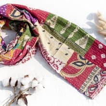 手縫紗麗布拼接絲巾/刺繡絲巾/刺繡圍巾/手縫紗麗線絲巾-綠色大樹
