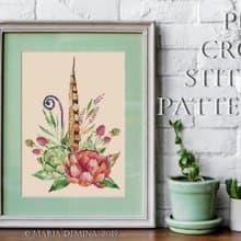 Raspberry & Artichoke Bouquet III - watercolor PDF cross stitch pattern