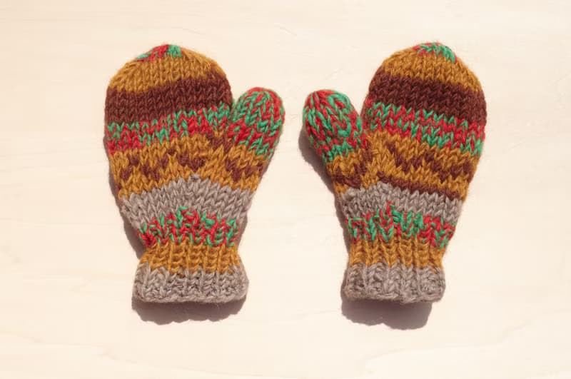 限量一件針織純羊毛保暖手套 / 兒童手套 / 童手套 / 內刷毛手套 / 針織手套 / 拳擊手套 - 東歐 混色沙漠色調條紋