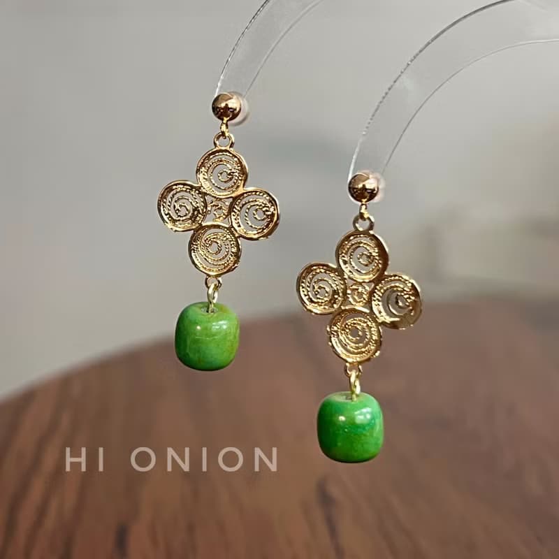Hi Onion原創小眾設計綠色耳環耳夾無耳洞耳骨夾國風耳扣新中式