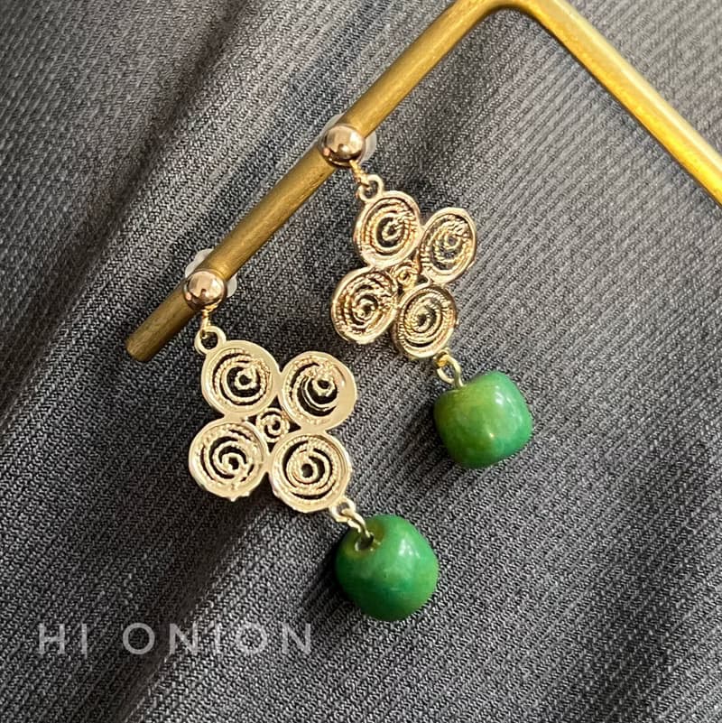 Hi Onion原創小眾設計綠色耳環耳夾無耳洞耳骨夾國風耳扣新中式