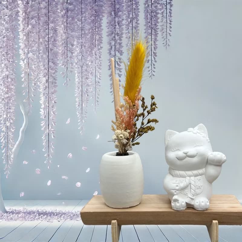 快速出貨 淨念吉祥之花耳招財貓 原木底座系列 香氛擴香 文青風