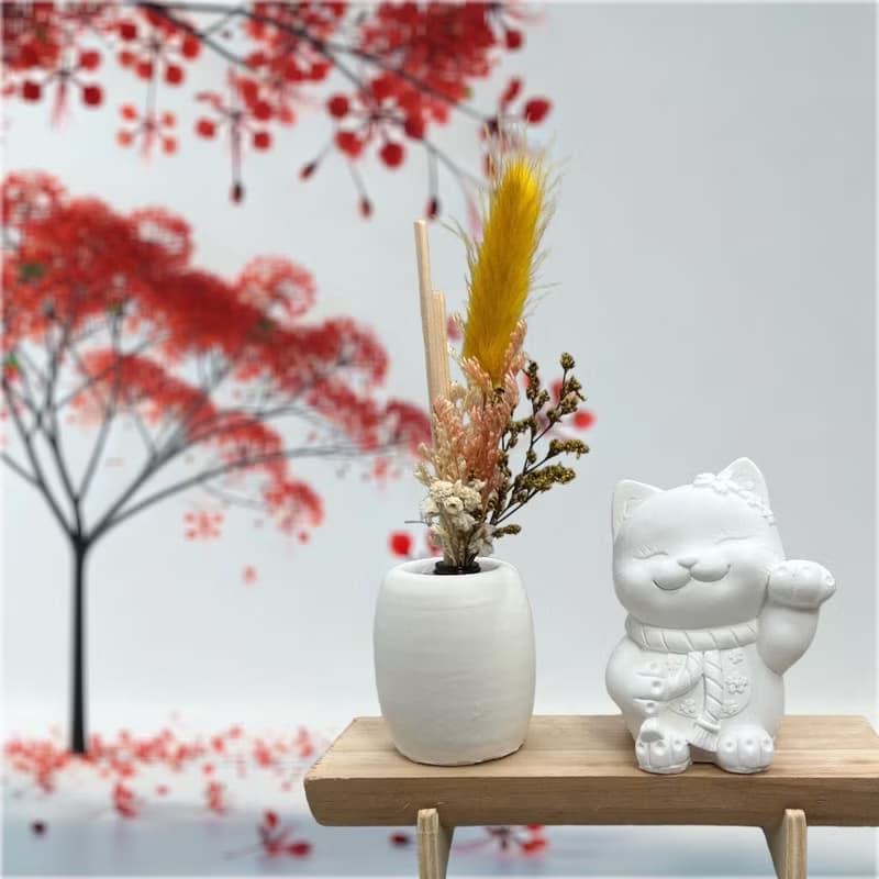快速出貨 淨念吉祥之花耳招財貓 原木底座系列 香氛擴香 文青風