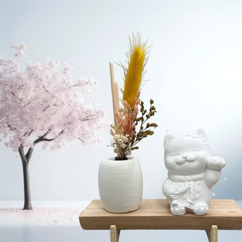 快速出貨 淨念吉祥之花耳招財貓 原木底座系列 香氛擴香 文青風