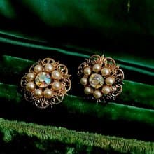 vintage jewelry  極光萊茵石珠花夾式耳環