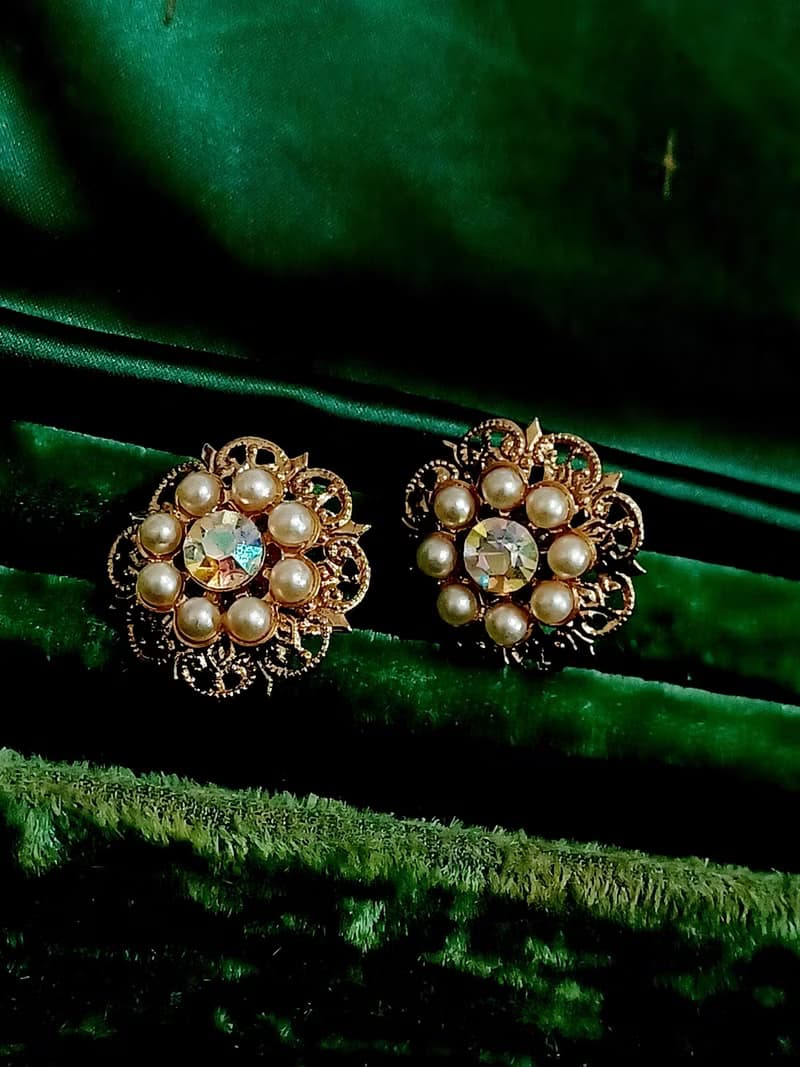 vintage jewelry  極光萊茵石珠花夾式耳環