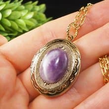 Amethyst Locket Necklace Lilac Purple Oval Gold Locket Pendant Necklace Jewelry