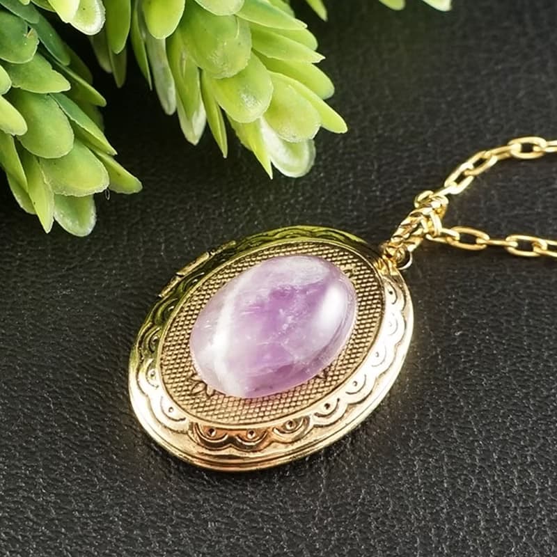 Amethyst Locket Necklace Lilac Purple Oval Gold Locket Pendant Necklace Jewelry