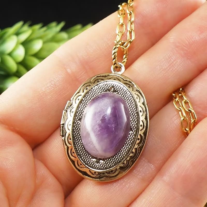 Amethyst Locket Necklace Lilac Purple Oval Gold Locket Pendant Necklace Jewelry