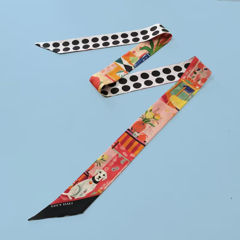 100%桑蠶絲真絲窄領巾/絲巾/飄帶/包柄帶/髮帶::小狗波點