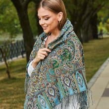 Pavlovo Posad Russian Shawl 100% Wool Scarf 125x125 cm Wrap Silk Fringe 598-52