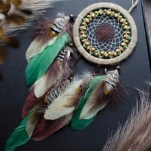 Handmade Beige Dreamcatcher with Green Feathers - Boho Wall Decor - Unique Gift