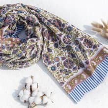 超大純綿絲巾 手工木刻印植物染圍巾 草木染棉絲巾-熱帶花朵森林