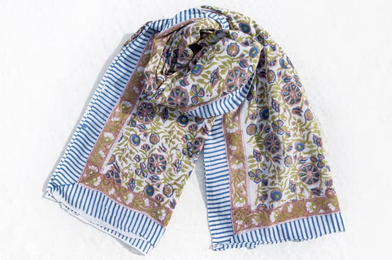 超大純綿絲巾 手工木刻印植物染圍巾 草木染棉絲巾-熱帶花朵森林