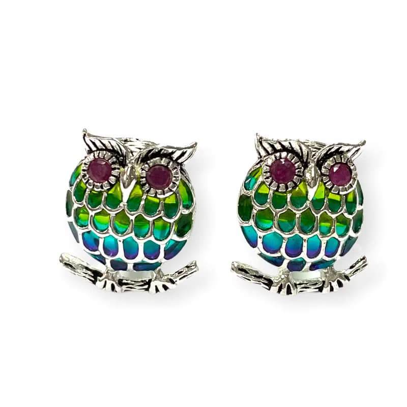 Art Nouveau Plique A Jour Owl with Ruby Cufflinks 925 Sterling Silver Mens Gift