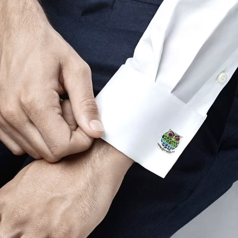 Art Nouveau Plique A Jour Owl with Ruby Cufflinks 925 Sterling Silver Mens Gift