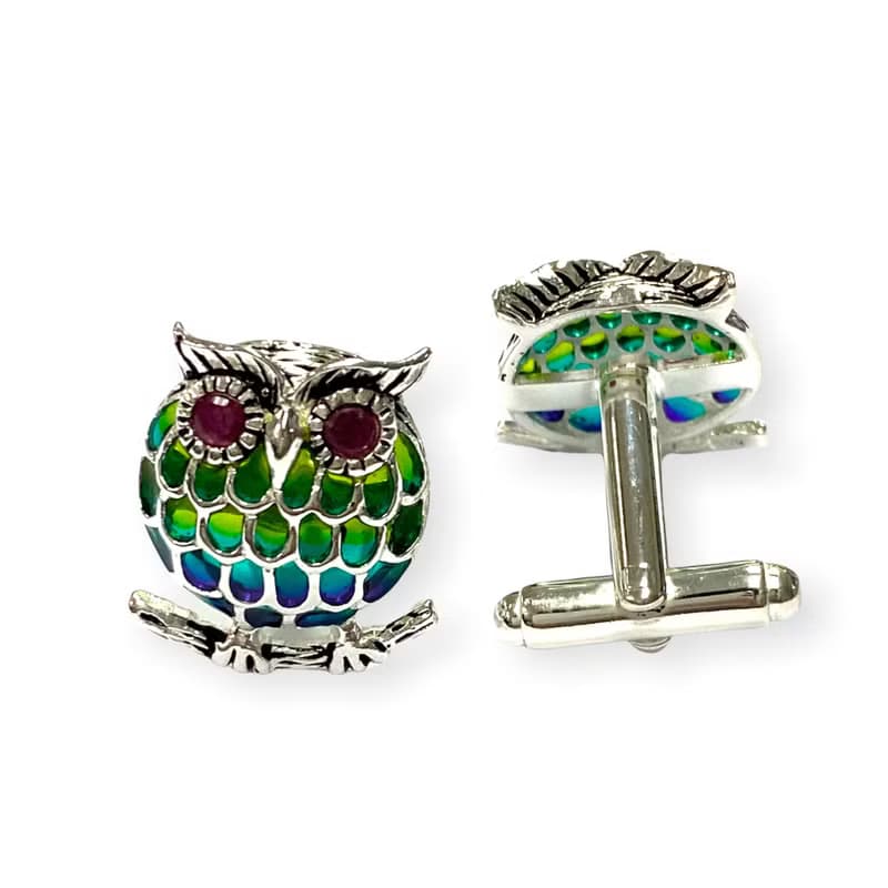 Art Nouveau Plique A Jour Owl with Ruby Cufflinks 925 Sterling Silver Mens Gift