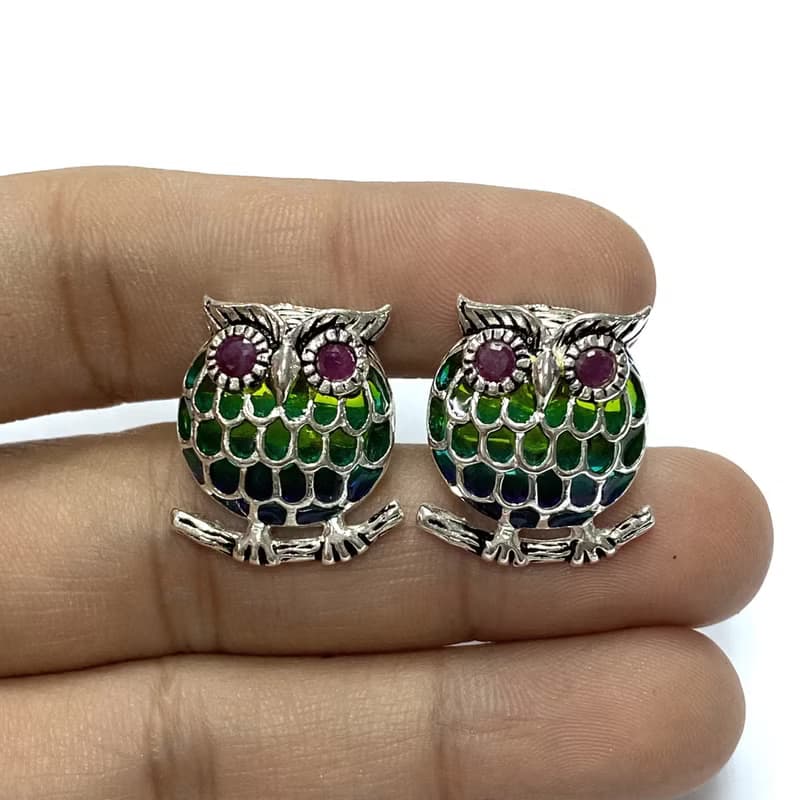 Art Nouveau Plique A Jour Owl with Ruby Cufflinks 925 Sterling Silver Mens Gift