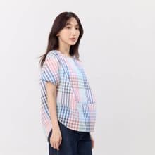 Debbie 方型小蓋袖拼接棉質上衣/彩格紋