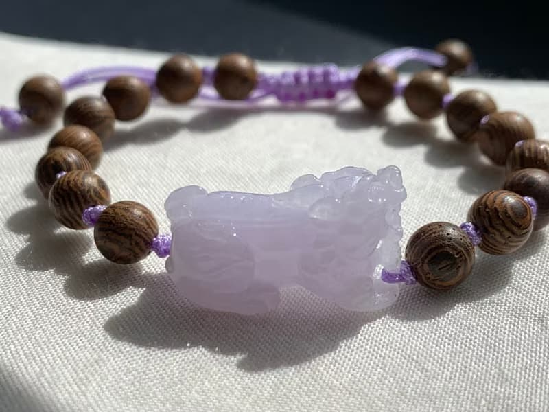 免費開光 天然緬甸玉翡翠紫羅蘭 招財貔貅手鍊 雞翅木手鍊