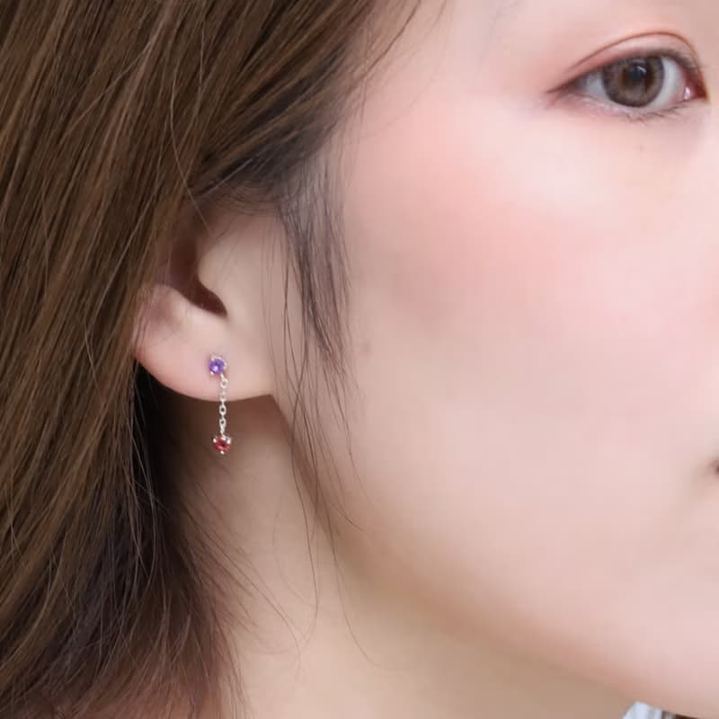 石榴石紫水晶925純銀雙寶石鍊子耳環