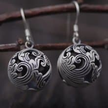 Real S925 Thai Sterling Silver Women Hollow Balls Drop Earrings Vintage Black
