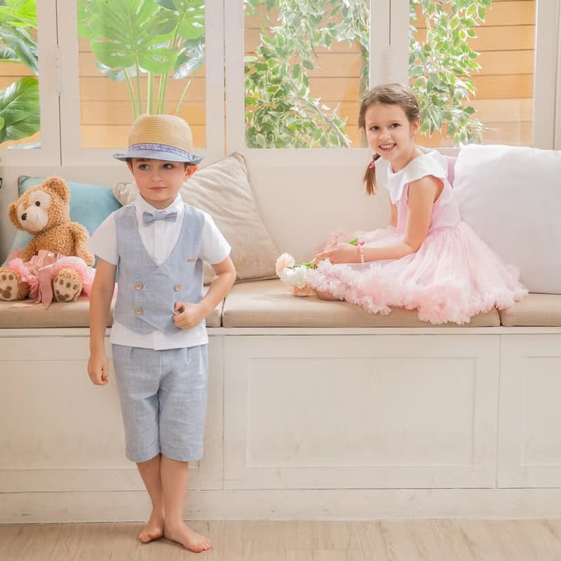 Charles系列天空藍小格背心短褲組