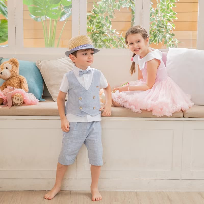 Charles系列天空藍小格背心短褲組