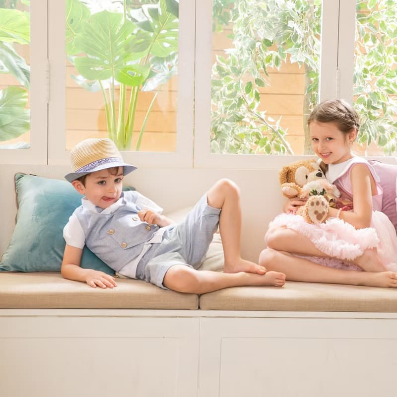 Charles系列天空藍小格背心短褲組