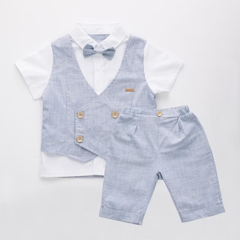 Charles系列天空藍小格背心短褲組