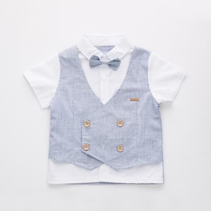 Charles系列天空藍小格背心短褲組