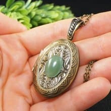 Green Aventurine Photo Locket Mint Sage Green Stone Pendant Necklace Jewelry
