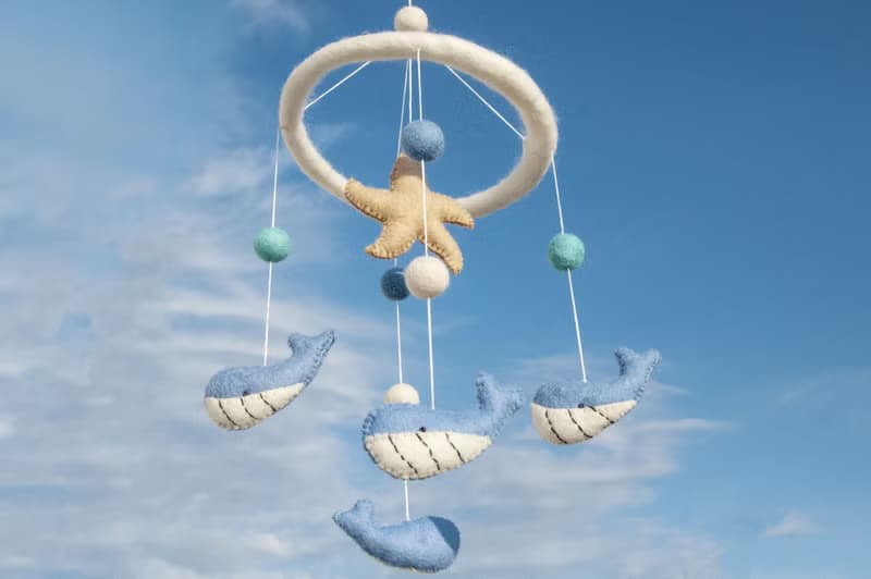 彌月禮物 手工羊毛氈吊飾/Boho嬰兒床吊飾/童房掛飾-海星鯨魚海洋