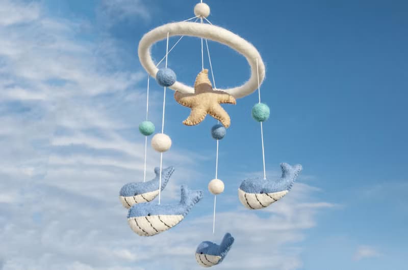 彌月禮物 手工羊毛氈吊飾/Boho嬰兒床吊飾/童房掛飾-海星鯨魚海洋